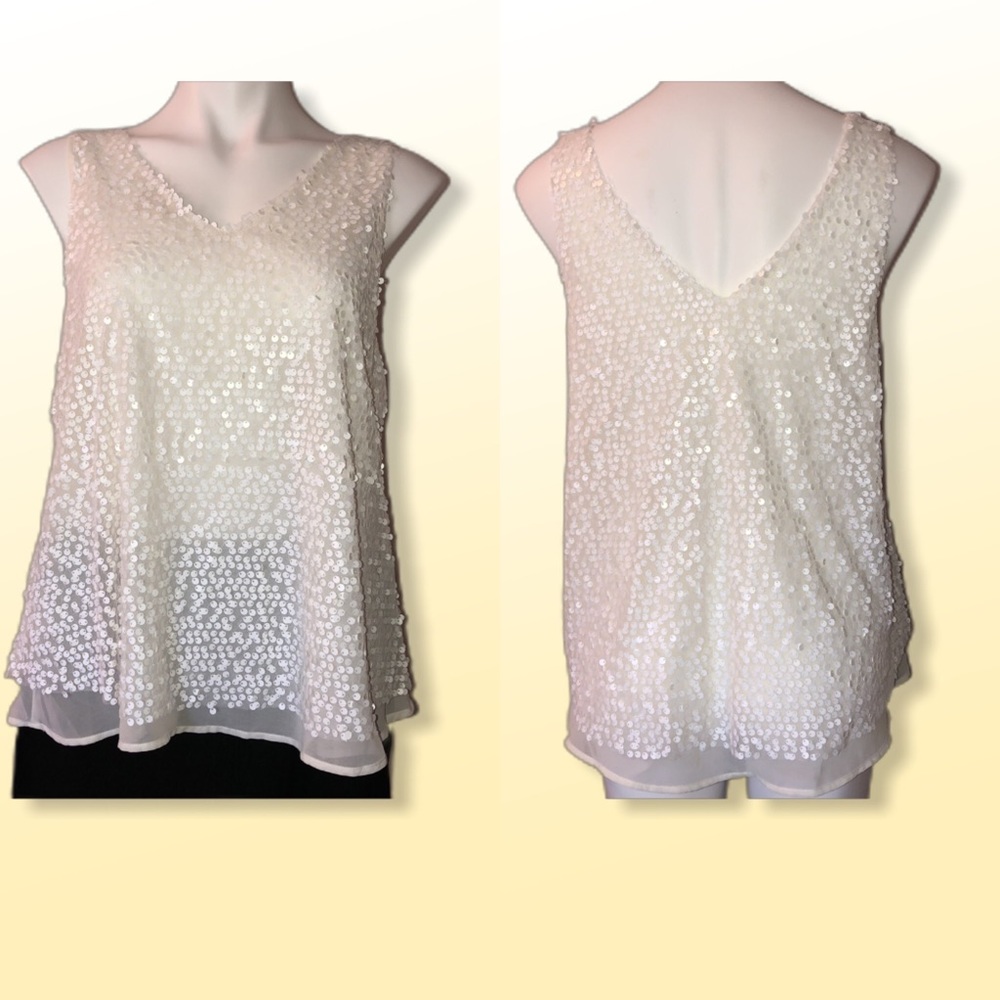 White Sequins V-Neck Flowing Tank NWT-Sz M